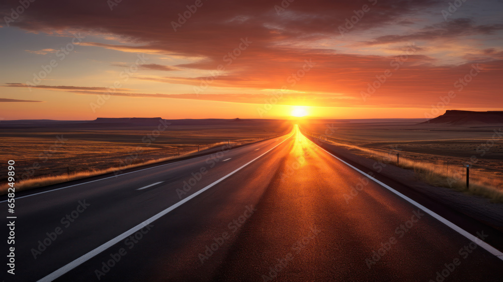 perspective d'une route déserte qui traverse le paysage au soleil couchant