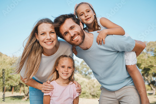 Nature portrait, smile and family children, mother and father enjoy time together, green park or relax wellness. Freedom, summer sunshine or outdoor happy mama, papa and kids bond, care and piggyback