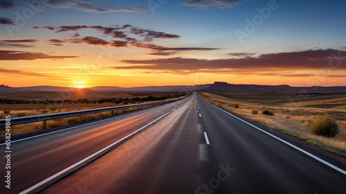 perspective d'une route déserte qui traverse le paysage au soleil couchant © Sébastien Jouve