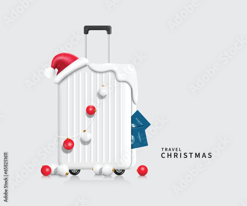 Santa Claus hat draped over white suitcase with Christmas decorations ball hanging from it and passport stuck to side of Luggage for Christmas travel