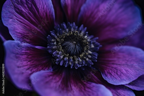 close-up purple flower with tubular center, purple background, black border. Generative AI