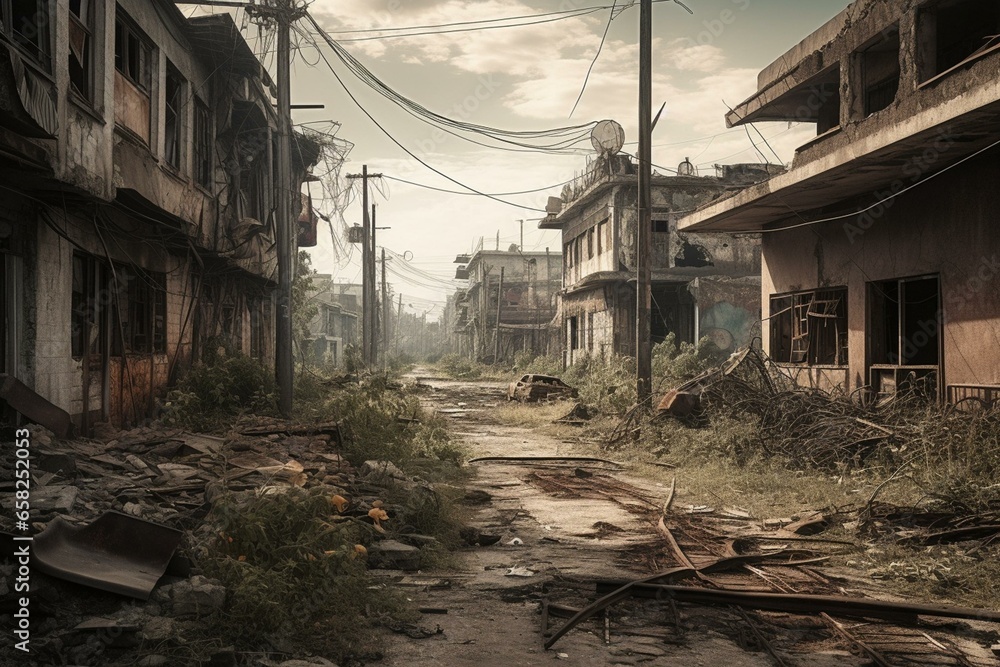 Decayed urban area depicting destruction and abandoned structures. Generative AI