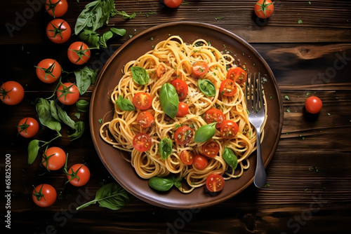 PLATE OF NOODLES WITH TOMATO AND BASIL, ON DARK WOODEN TABLE. AROUND FRESH TOMATOES AND BASIL LEAVES.