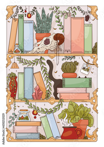 A drawn tracker of books read. Fantasy shelf with books and plants.