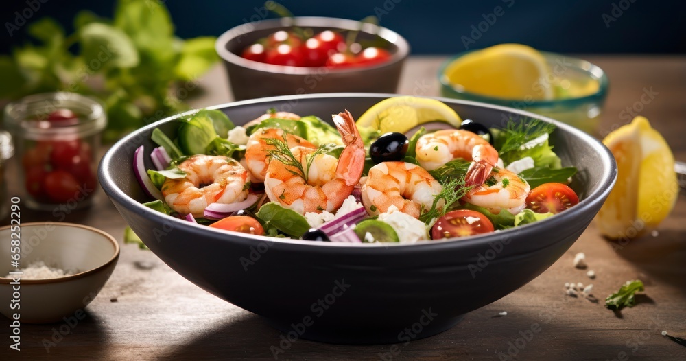 Fresh Mediterranean flavors, featuring refreshing salads and seafood delights. Generative AI