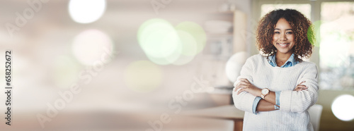 Cuadro en lienzo Portrait, banner and business woman with arms crossed, bokeh and mockup space