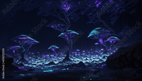 Luminescent fungi, dark blue and purple trees with leaves that glow under moonlight - AI Generative © Being Imaginative