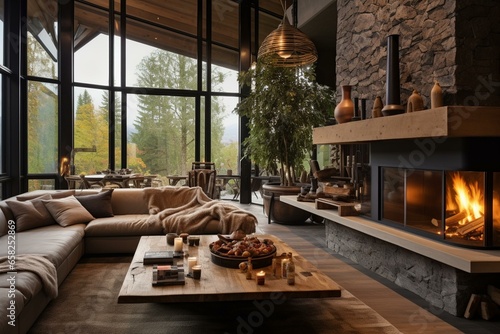 Cozy open-plan space with a hearth, blending living area and cooking space. Generative AI