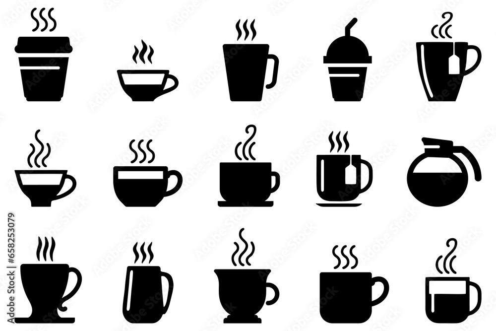 Coffee cup icons. Set of different tea cup icons. Simple coffee or tea signs. Black hot drinks icons - obrazy, fototapety, plakaty 