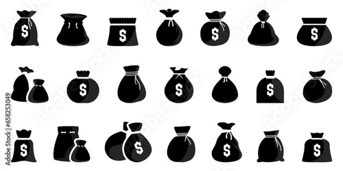 Money bag icons. Set of different money bag icons. Simple money bag signs. Black money bag icons