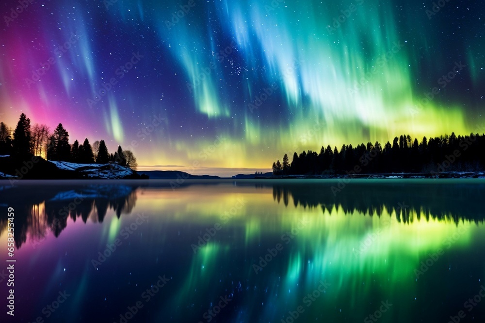 Witness breathtaking aurora-lake spectacle through our captivating photos. Generative AI