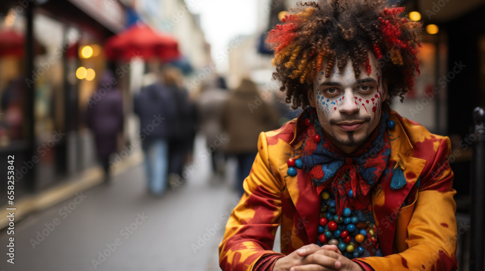 Mr Clown close up face. Portrait of Funny face Clown man in colorful uniform