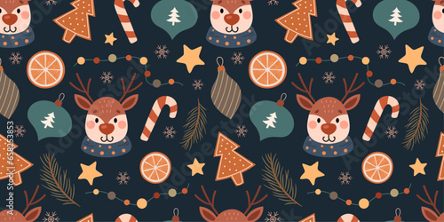 Cute christmas seamless pattern on dark background
