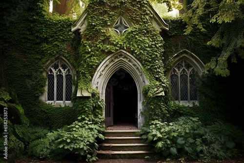 A hidden chapel engulfed by ivy creates an eerie atmosphere. Generative AI