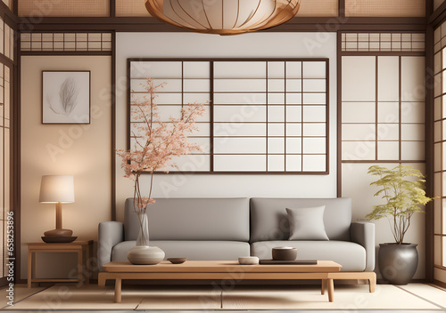 Home mockup, living room in Japandi style, 3d render. Generative AI