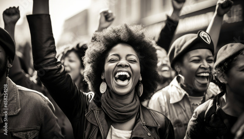 Foto Happy african american protester raising fist