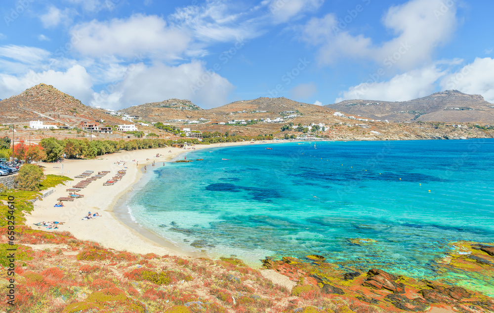 Landscape with Kalafatis beach, Mykonos island, Greece Cyclades