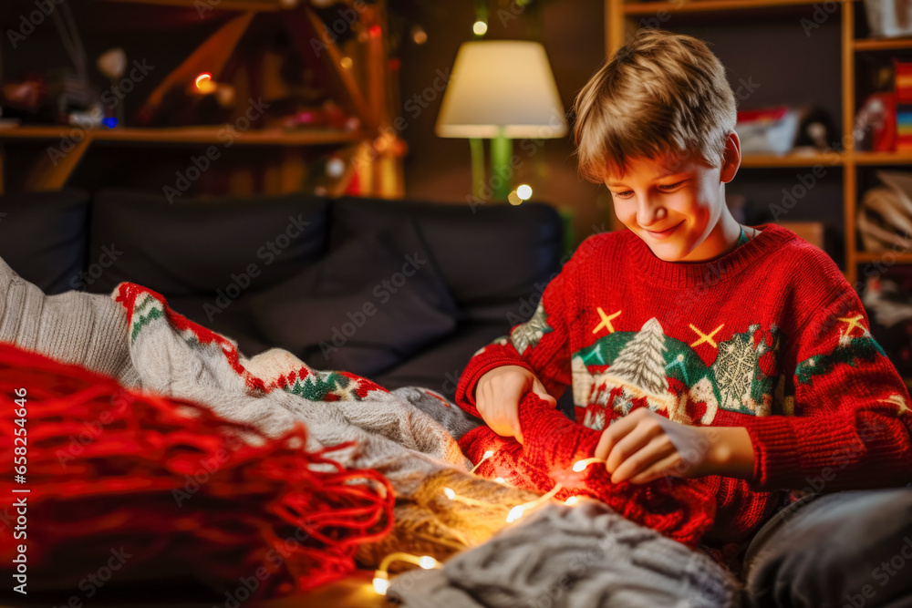 Young boy smiling while opening christmas gift Young boy smiling while opening christmas gift