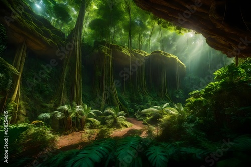Wide angle  the large trunk of trees  low angle  cinematic  tropical rainforest - AI Generative