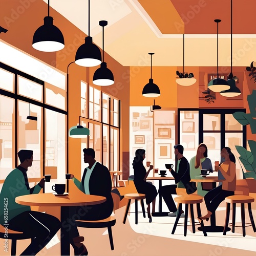 illustration of a cozy coffee shop scene with people chatting and sipping coffee