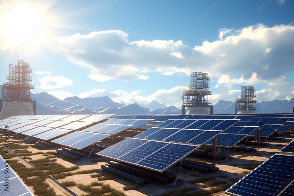 Renewable energy sources on a solar farm, modern electrical circuits