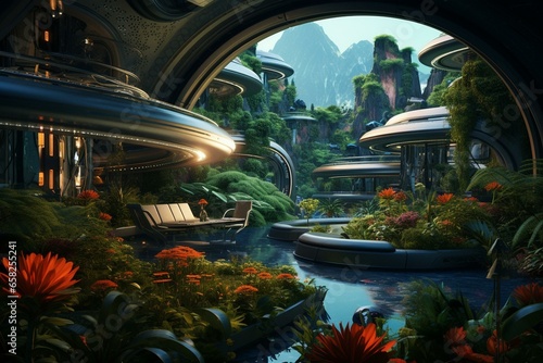 Sci-fi spaceship scene featuring lush garden in the exterior and futuristic interior design. Generative AI