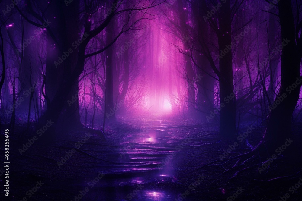 captivating violet woods bathed in neon illumination and fog, evoking an enigmatic ambiance. digitally created with luminous streaks patterns. Generative AI