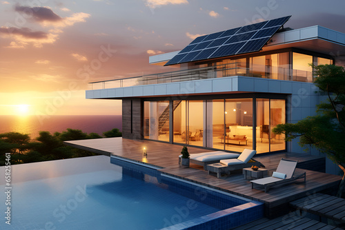 Modern electric systems on the roof of the house based on photovoltaic solar panels and lithium-ion backups against the background of sunset. © Eugenia