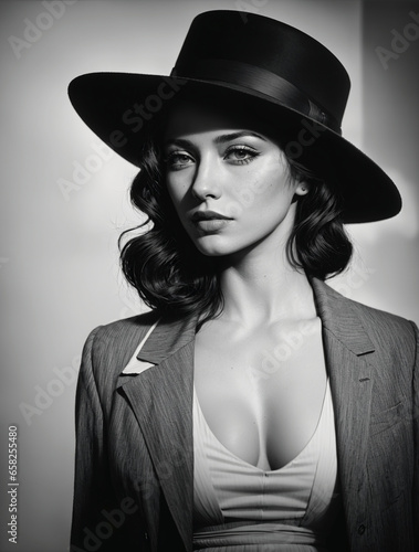 Black and white portrait of young woman with hat