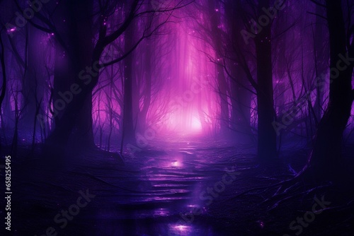 captivating violet woods bathed in neon illumination and fog, evoking an enigmatic ambiance. digitally created with luminous streaks patterns. Generative AI