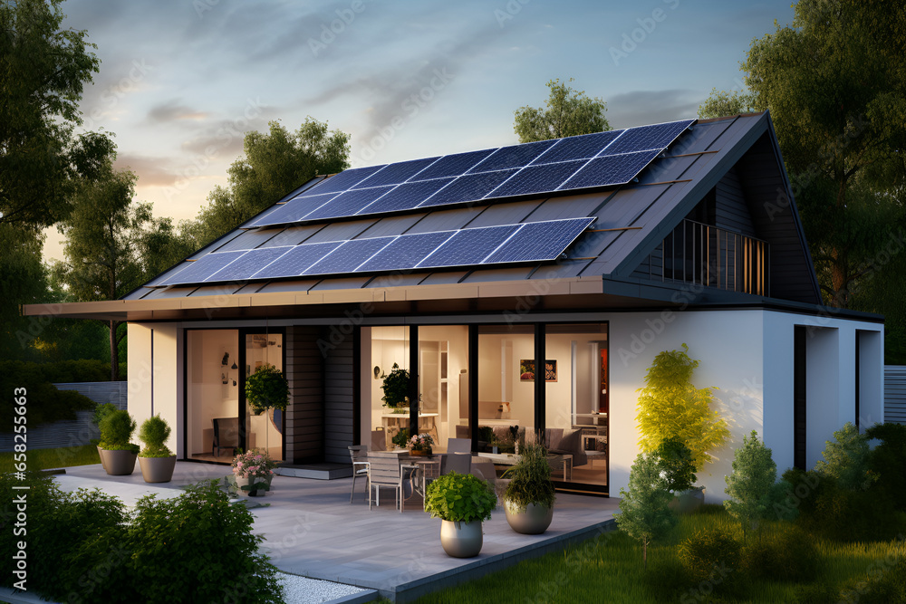 Sunny panels on the front roof of a modern beautiful house based on ...