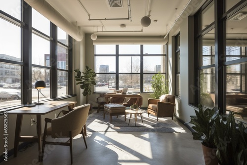 Contemporary coworking space with urban vista, natural light, furnishings, and technology. Generative AI