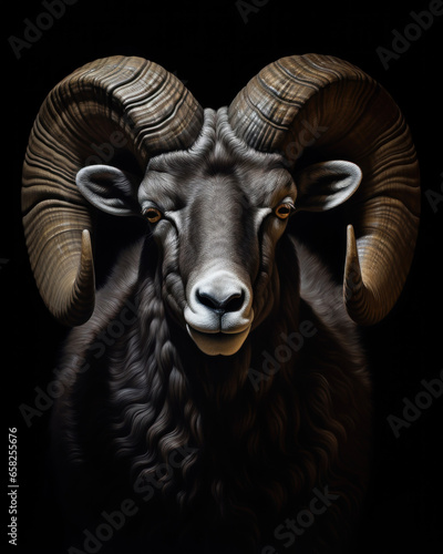 Black mountain sheep with curved horns © Evgeniya Fedorova