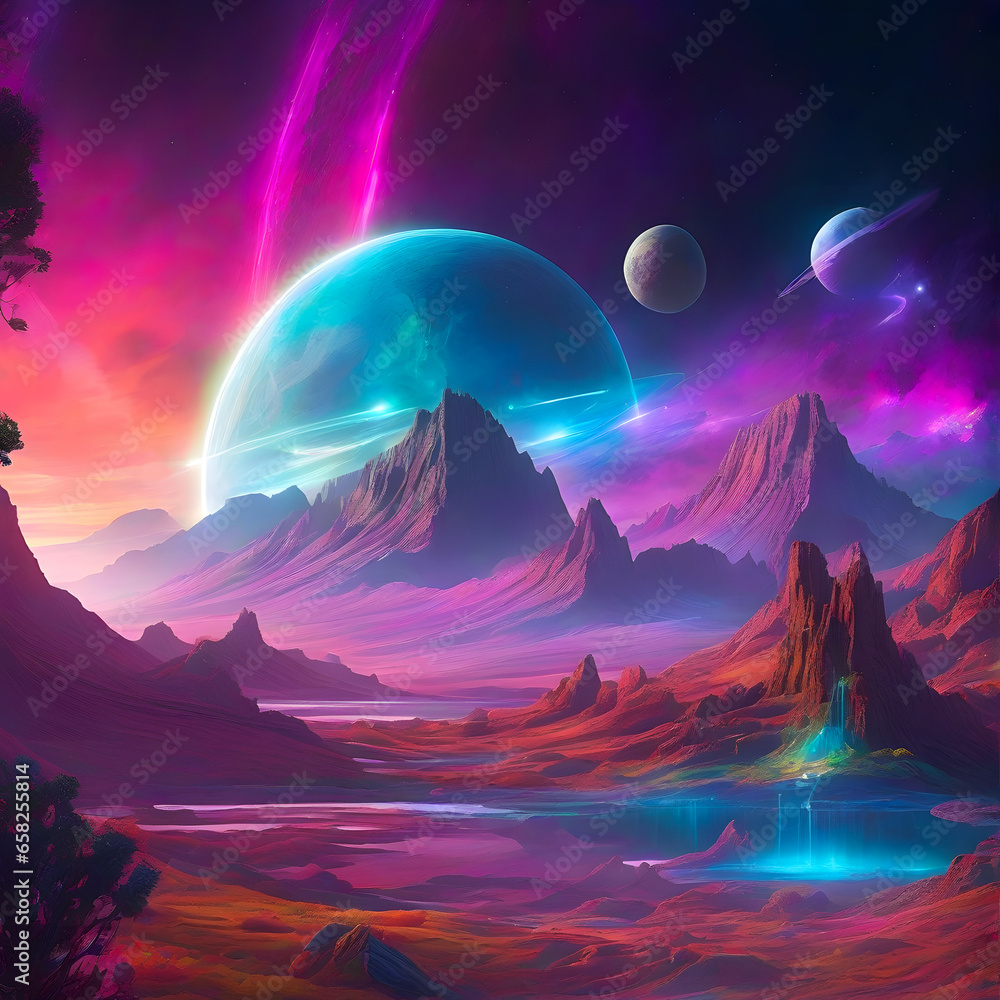 Generative ai illustration of colourfull amazing alien planet and its moons