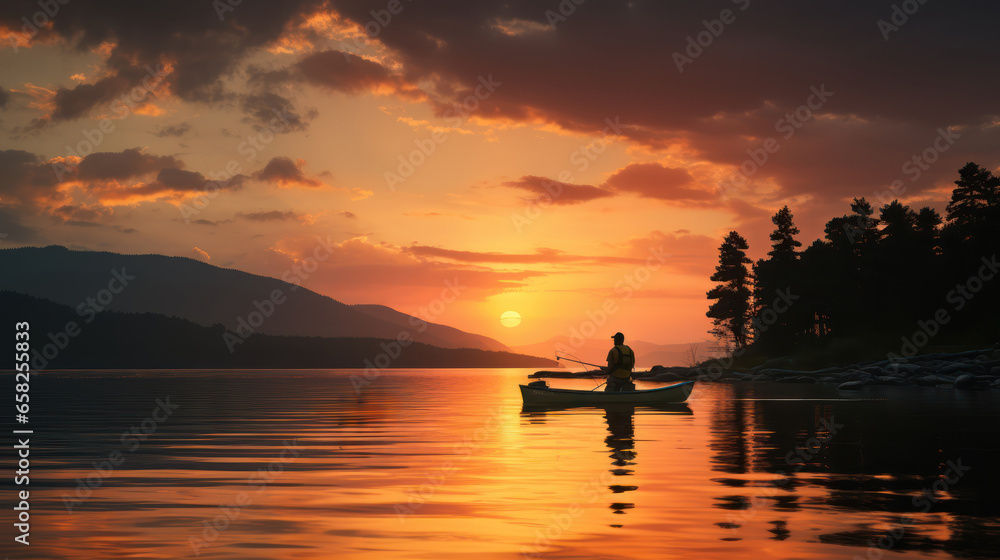Sunset Serenade - Fisherman silhouette at sunset. Generative AI