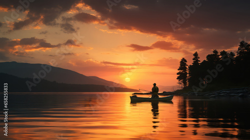 Sunset Serenade - Fisherman silhouette at sunset. Generative AI