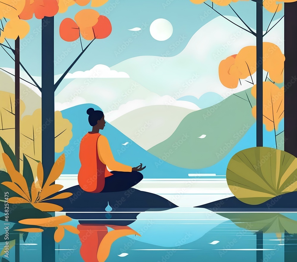 illustration of a person meditating peacefully in a tranquil natural setting surrounding by lake | yoga on the beach | yoga on the lake