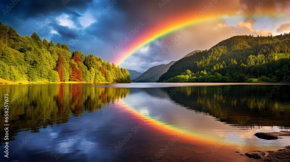 Vibrant rainbows after rain, featuring colorful arcs against mountains or reflective lakes. Generative AI Vibrant rainbows after rain, featuring colorful arcs against mountains or reflective lakes. Generative AI