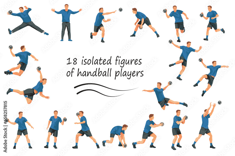 Vector figures of handball players and keepers team in blue T-shirts in various poses training, running, jumping, throwing the ball on a white background