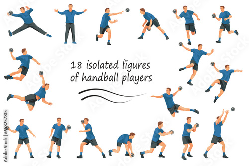 Vector figures of handball players and keepers team in blue T-shirts in various poses training  running  jumping  throwing the ball on a white background