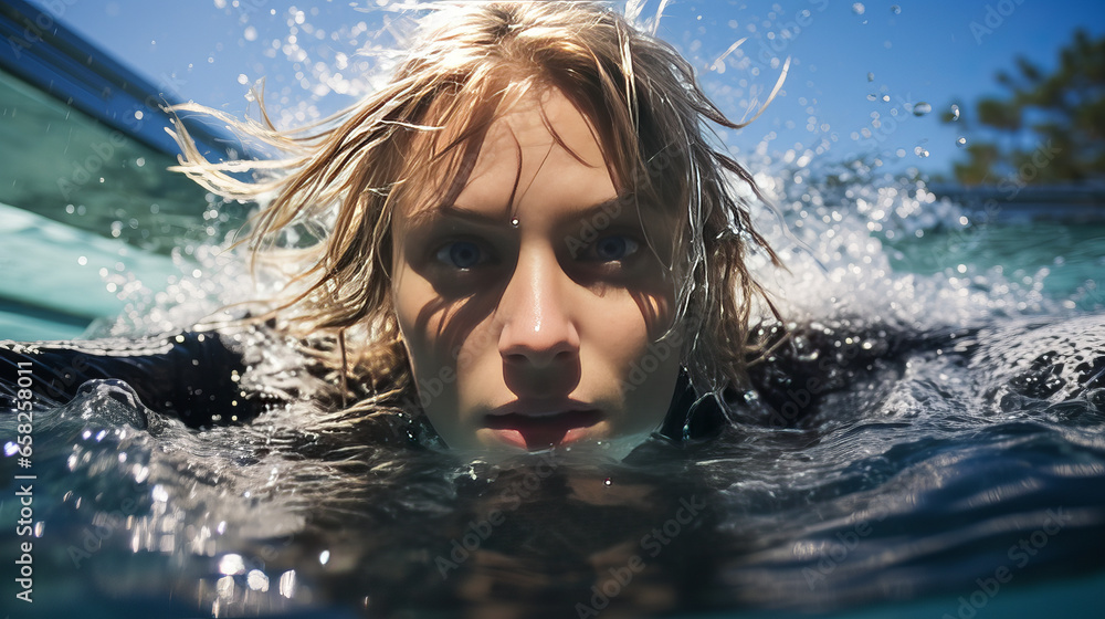 Mysterious close-up of a blue-eyed blonde woman half-submerged in water.