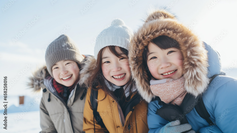 冬の北海道で楽しそうに笑う日本人の子どもたち 冬の北海道で楽しそうに笑う日本人の子どもたち