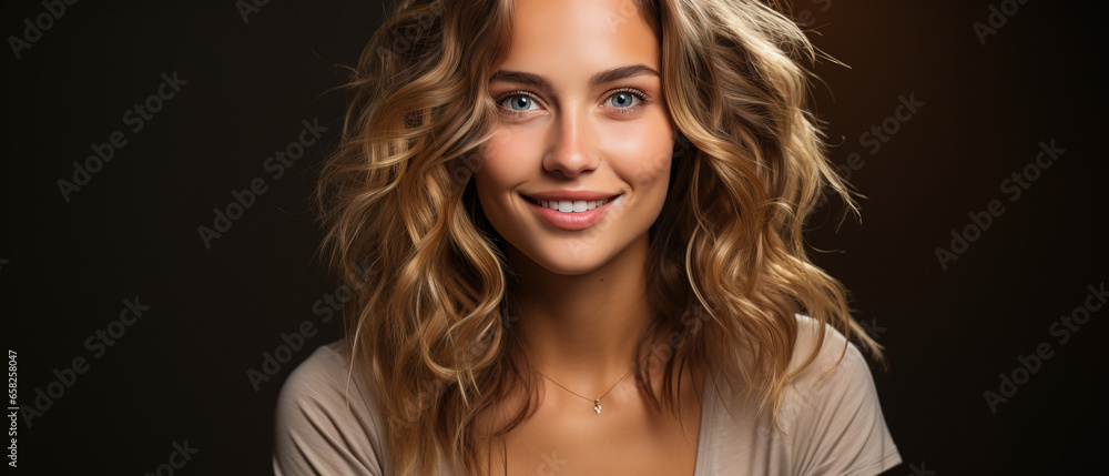 a young woman is smiling near solid background,, with empty copy space a young woman is smiling near solid background,, with empty copy space