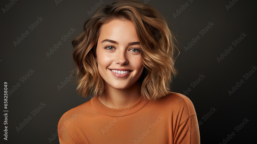 a young woman is smiling near solid background,, with empty copy space a young woman is smiling near solid background,, with empty copy space