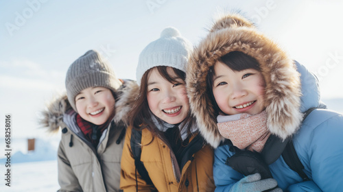 冬の北海道で楽しそうに笑う日本人の子どもたち