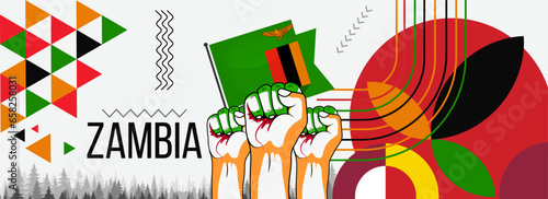 Flag of Zambia with raised fists. National day or Independence day design for Zambian celebration. Modern retro design with abstract geometric icons. Vector illustration