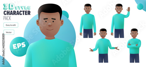 Editable 3D EPS black male vector character in a set of multiple poses. Fully editable and isolated on a white background. Modern trendy style 3D character pack. Created with the mesh tool 3D effect.