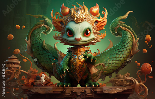Young green dragon, mysterious creature from farytales and symbol of 2024 lunar year in Chinese calendar. © swillklitch