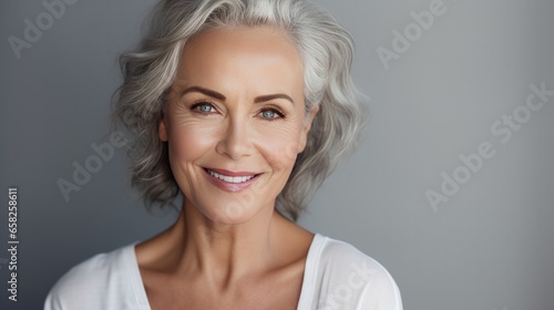 Adult woman with smooth healthy face skin. Beautiful aging mature woman with gray hair and happy smiling touch face. Beauty and cosmetics skincare advertising concept photo