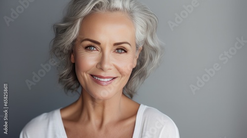 Adult woman with smooth healthy face skin. Beautiful aging mature woman with gray hair and happy smiling touch face. Beauty and cosmetics skincare advertising concept